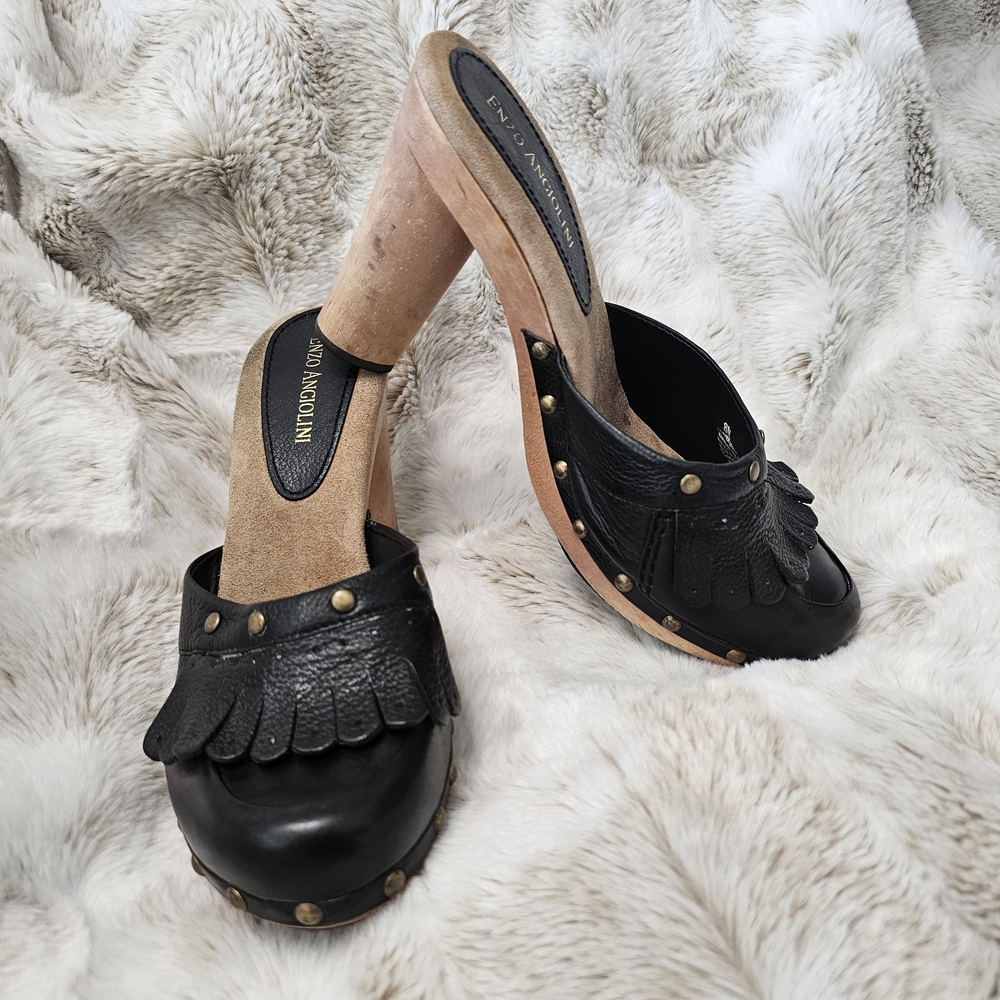 Women's Enzo Angiolini Black leather, round toe fringe studded‎ heeled mules SZ8
